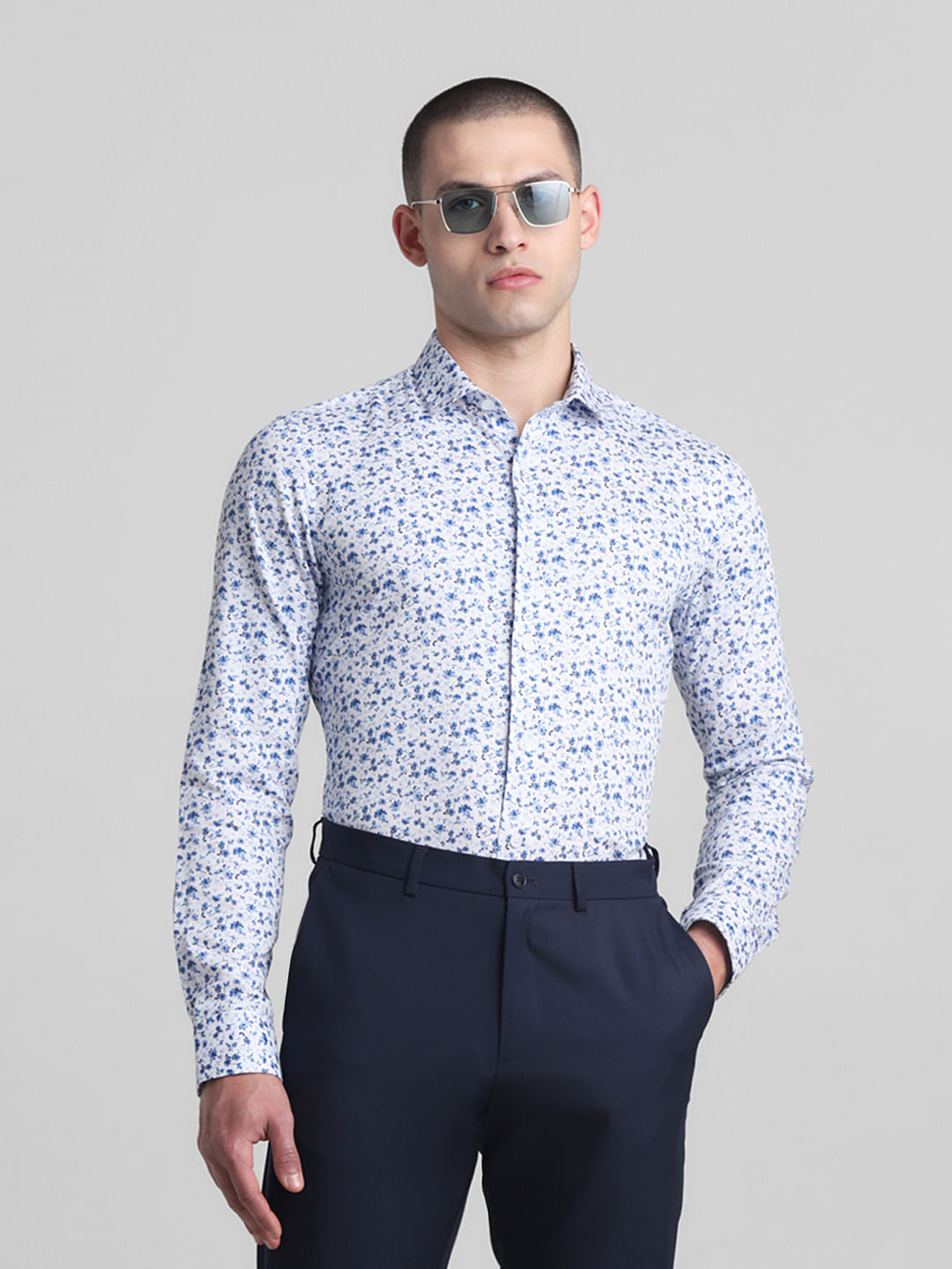 White Floral Print Full Sleeves Shirt