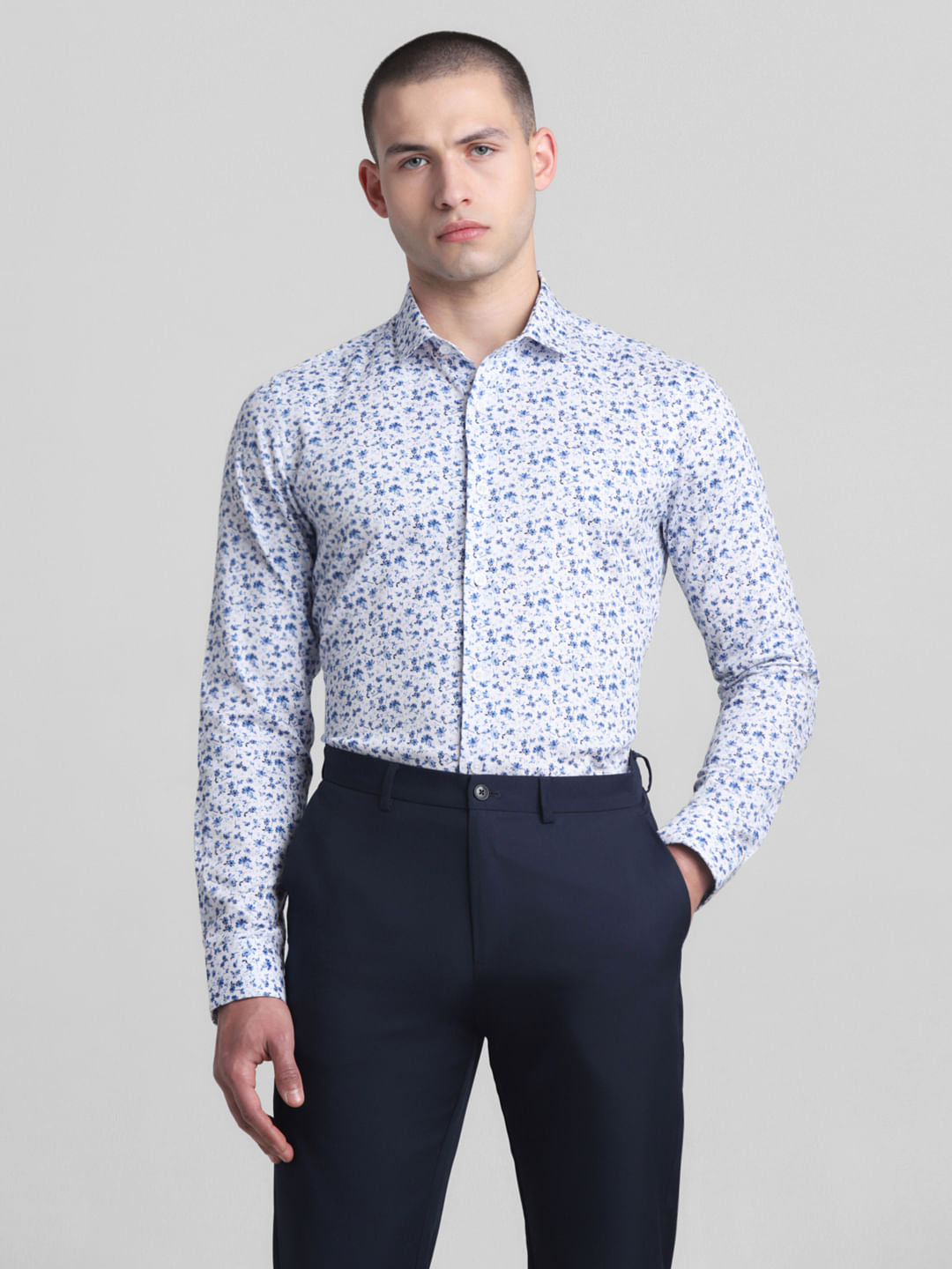 White Floral Print Full Sleeves Shirt