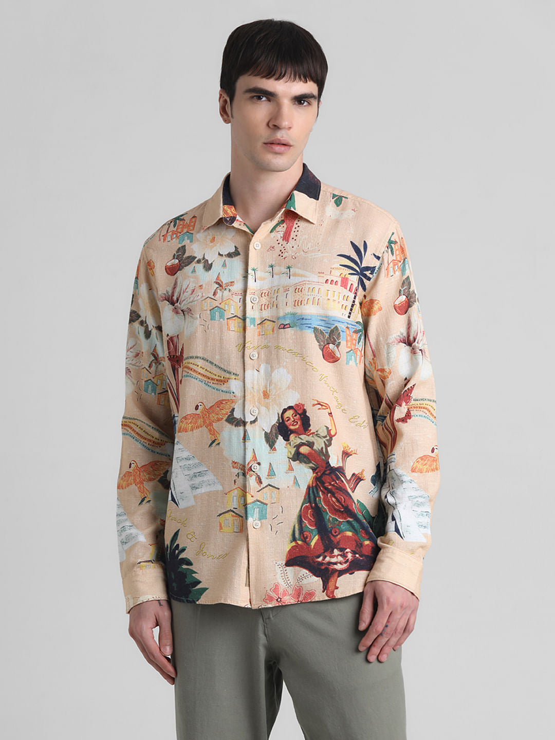 Peach Printed Full Sleeves Shirt