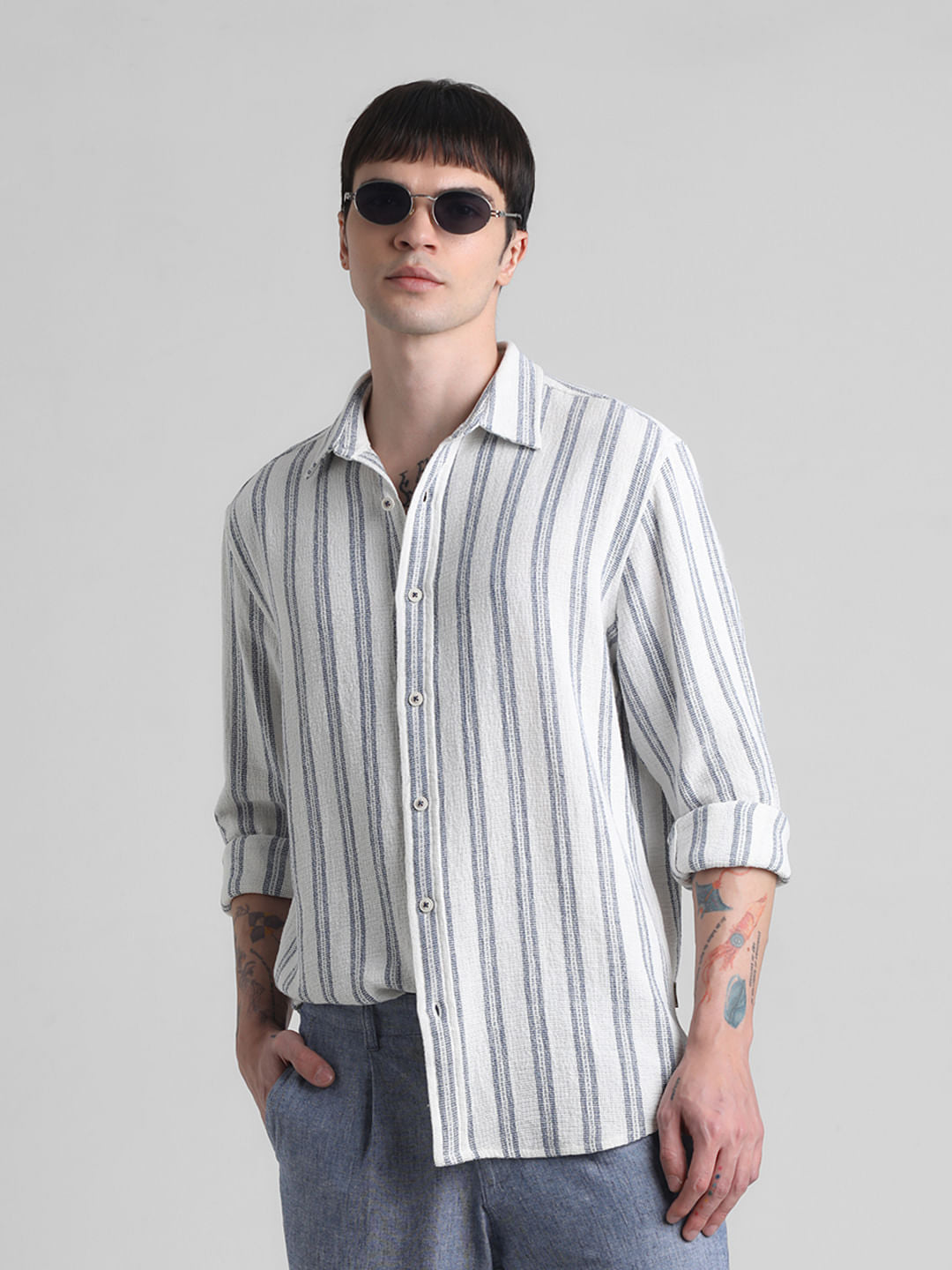 White Striped Dobby Full Sleeves Shirt - S