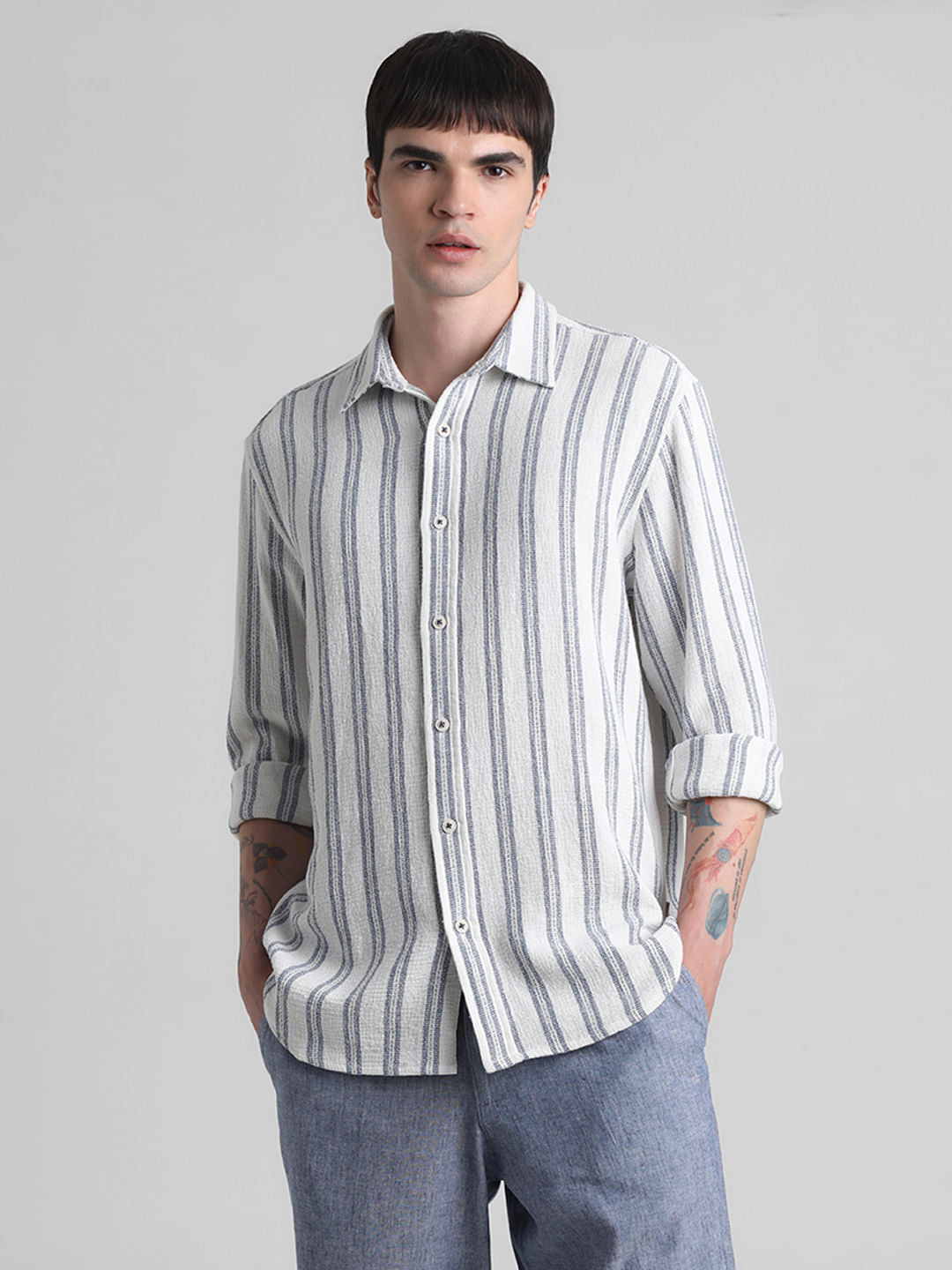 White Striped Dobby Full Sleeves Shirt