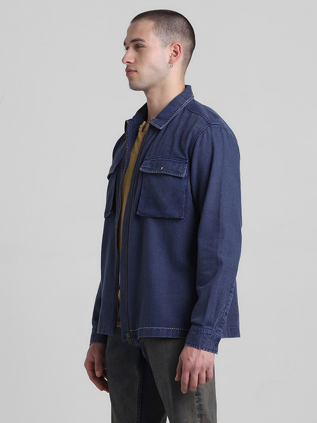 Blue Zip-Up Oversized Shirt