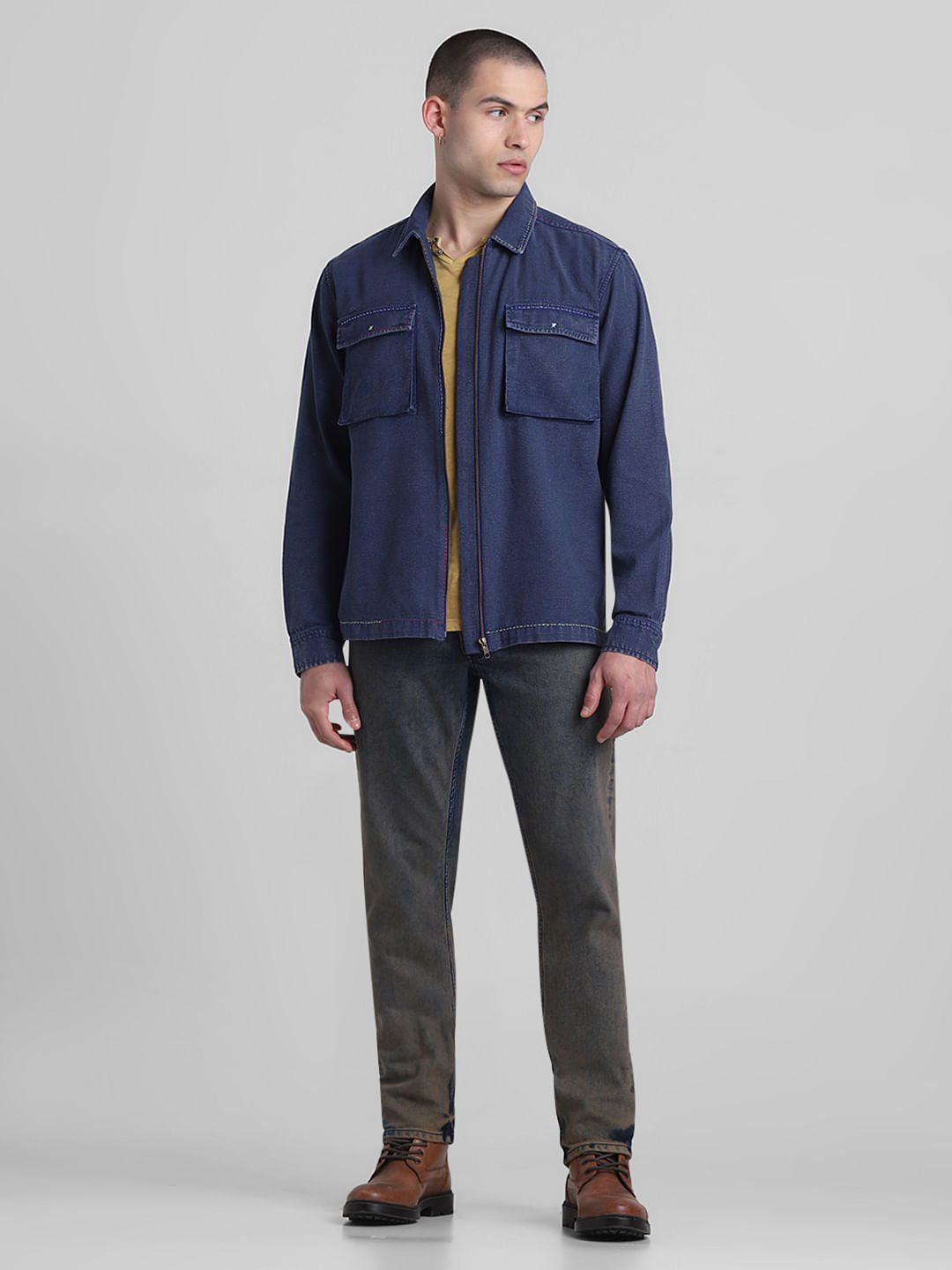 Blue Zip-Up Oversized Shirt