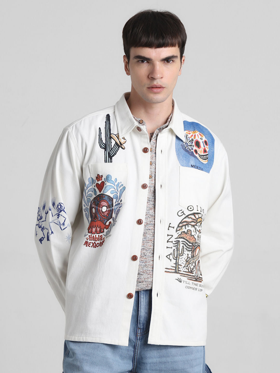 White Graphic Print Oversized Shirt