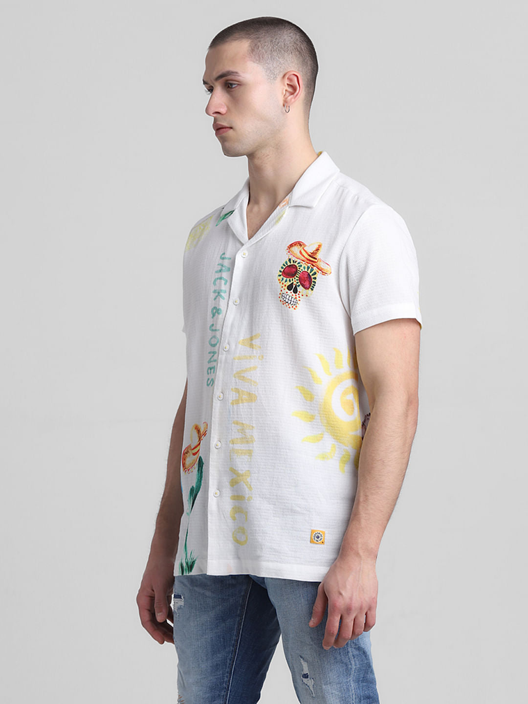White Printed Short Sleeves Shirt