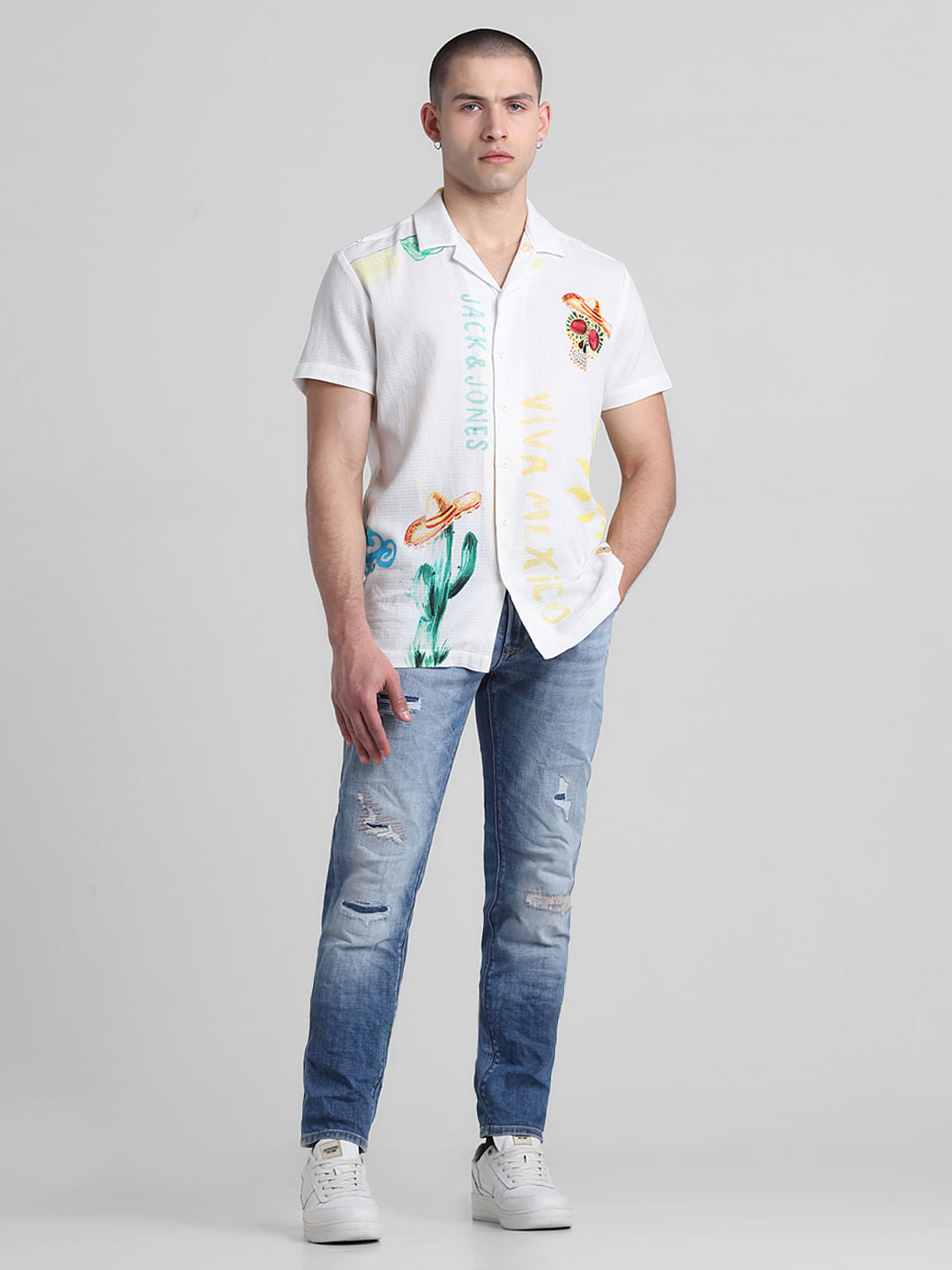 White Printed Short Sleeves Shirt