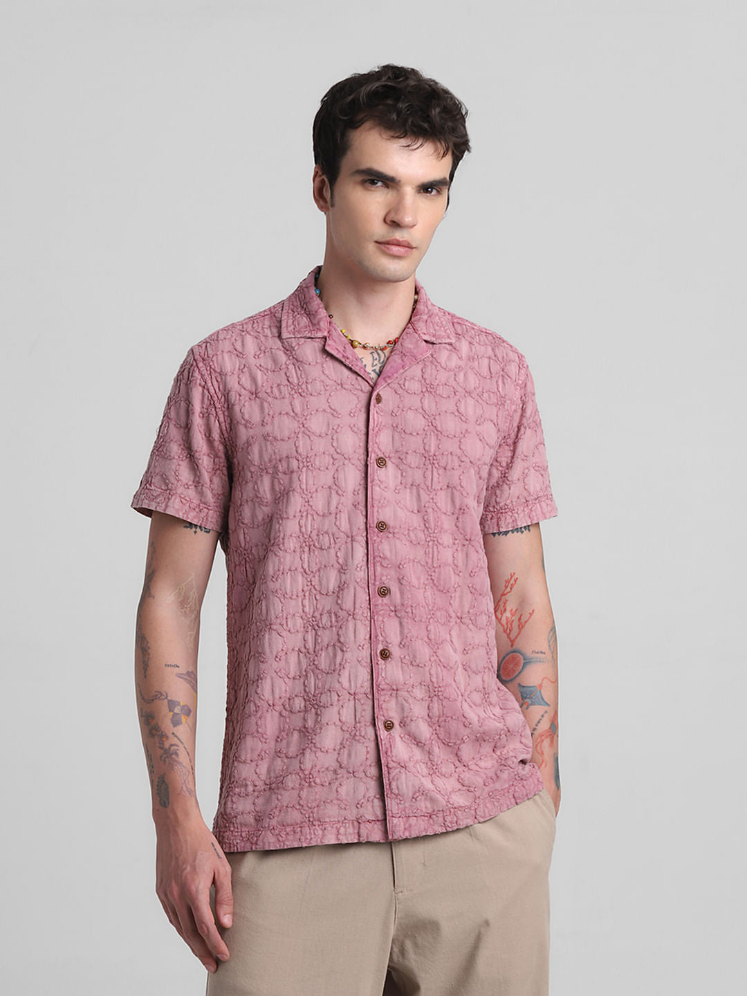 Pink Embroidered Short Sleeves Shirt - S