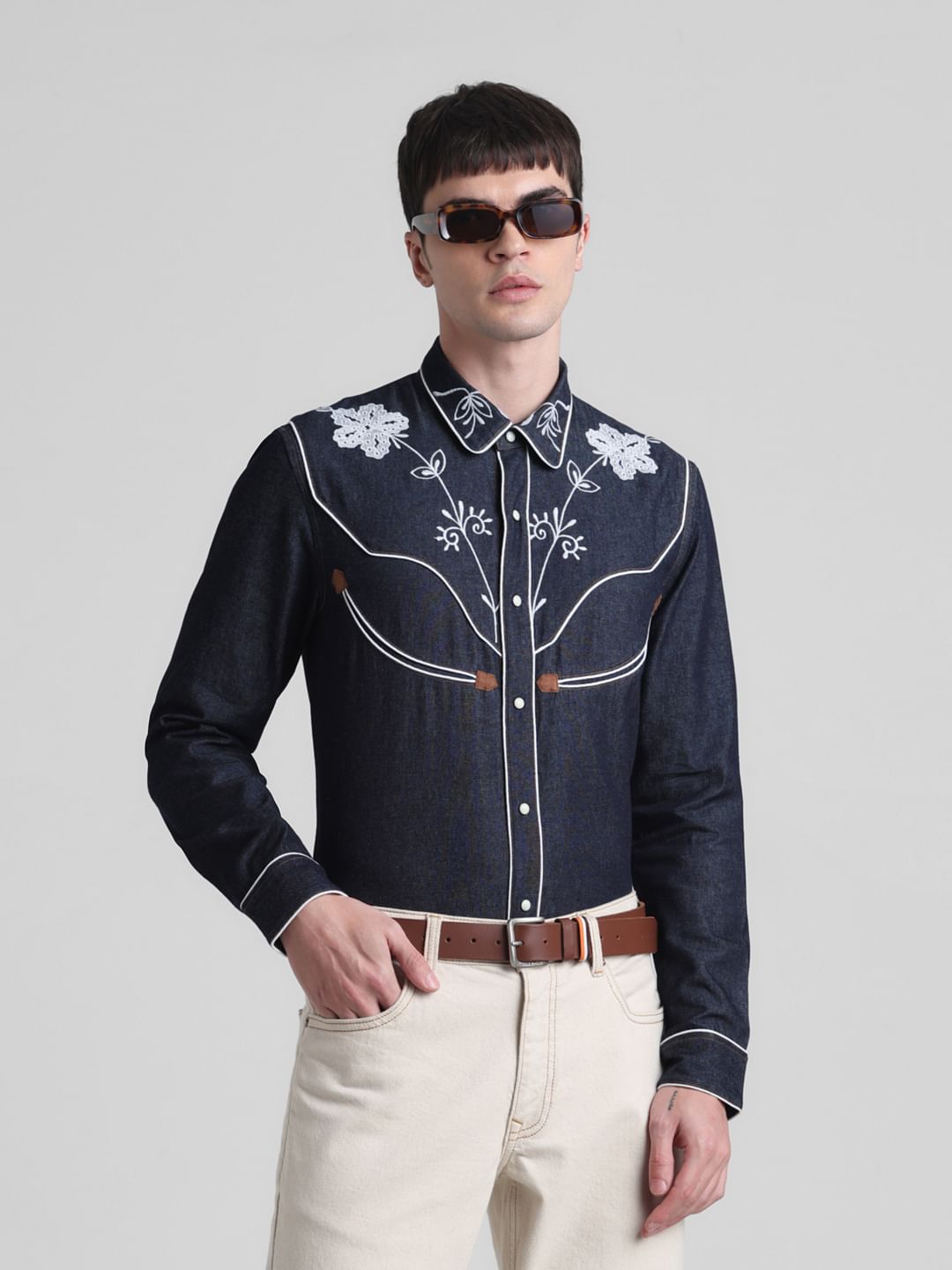 Blue Cowboy Embroidered Shirt - S