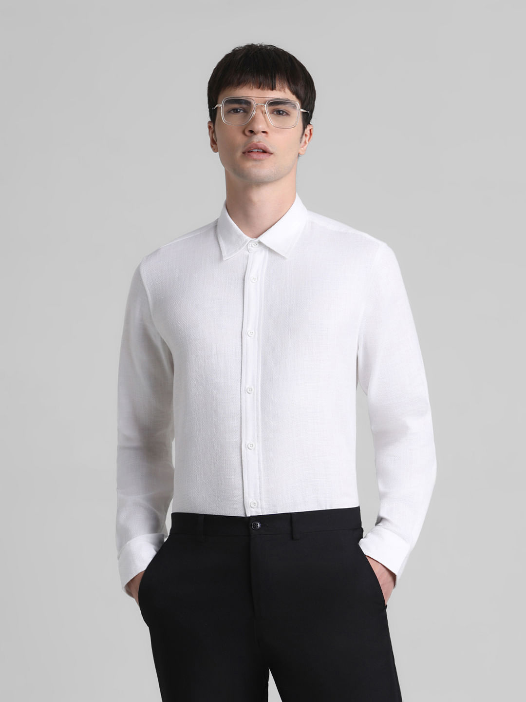 White Dobby Cotton Full Sleeves Shirt - S