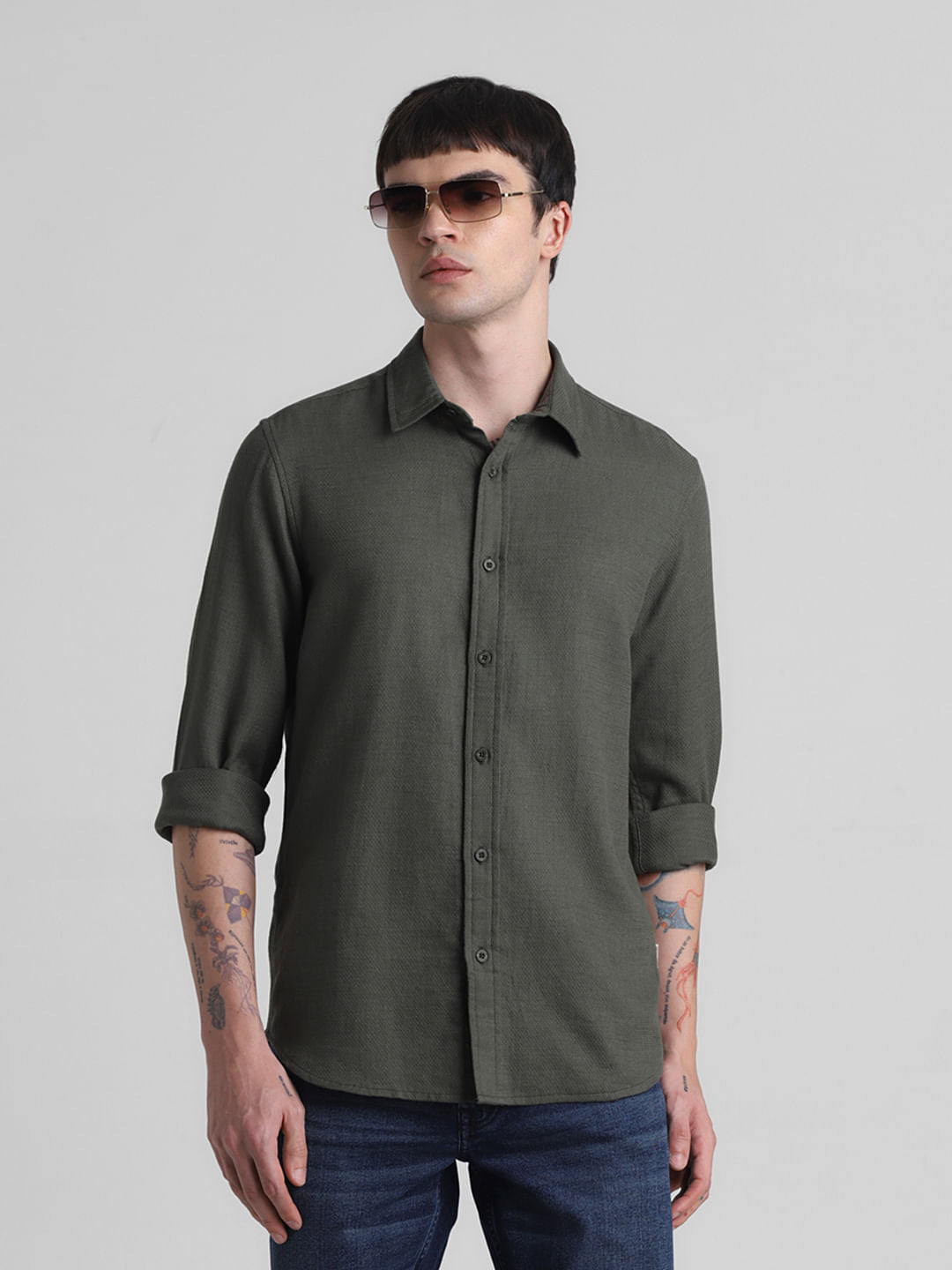 Green Dobby Cotton Full Sleeves Shirt - S