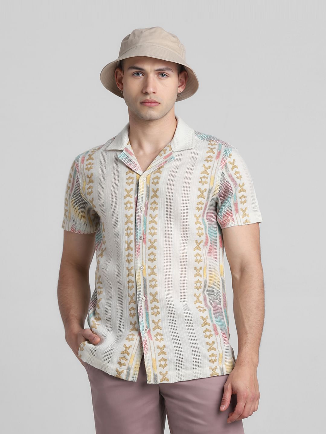 Beige Printed Jacquard Shirt - S