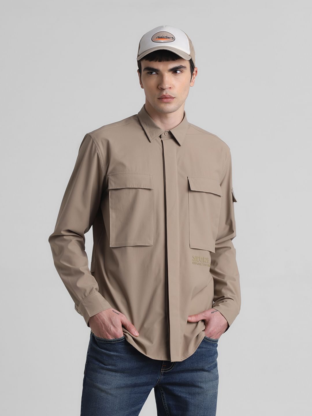 Beige Oversized Pocket Shirt - S