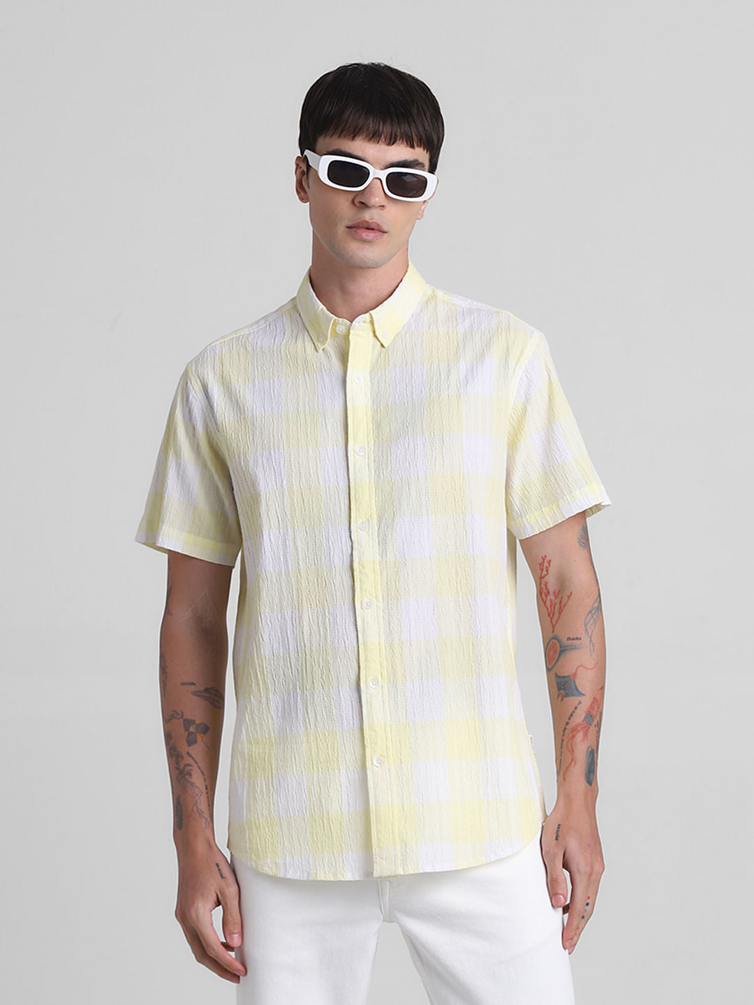 Yellow Cotton Check Short Sleeves Shirt - M