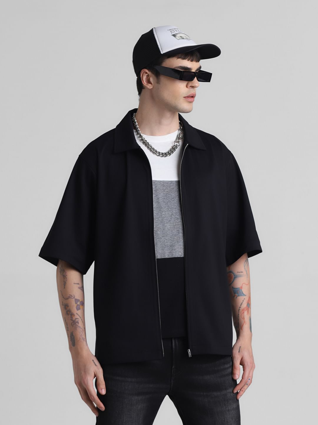 Black Zip-Up Oversized Short Sleeves Shirt - S