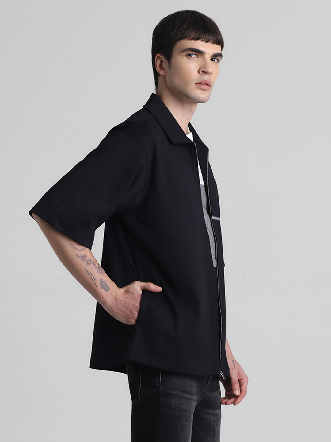 Black Zip-Up Oversized Short Sleeves Shirt