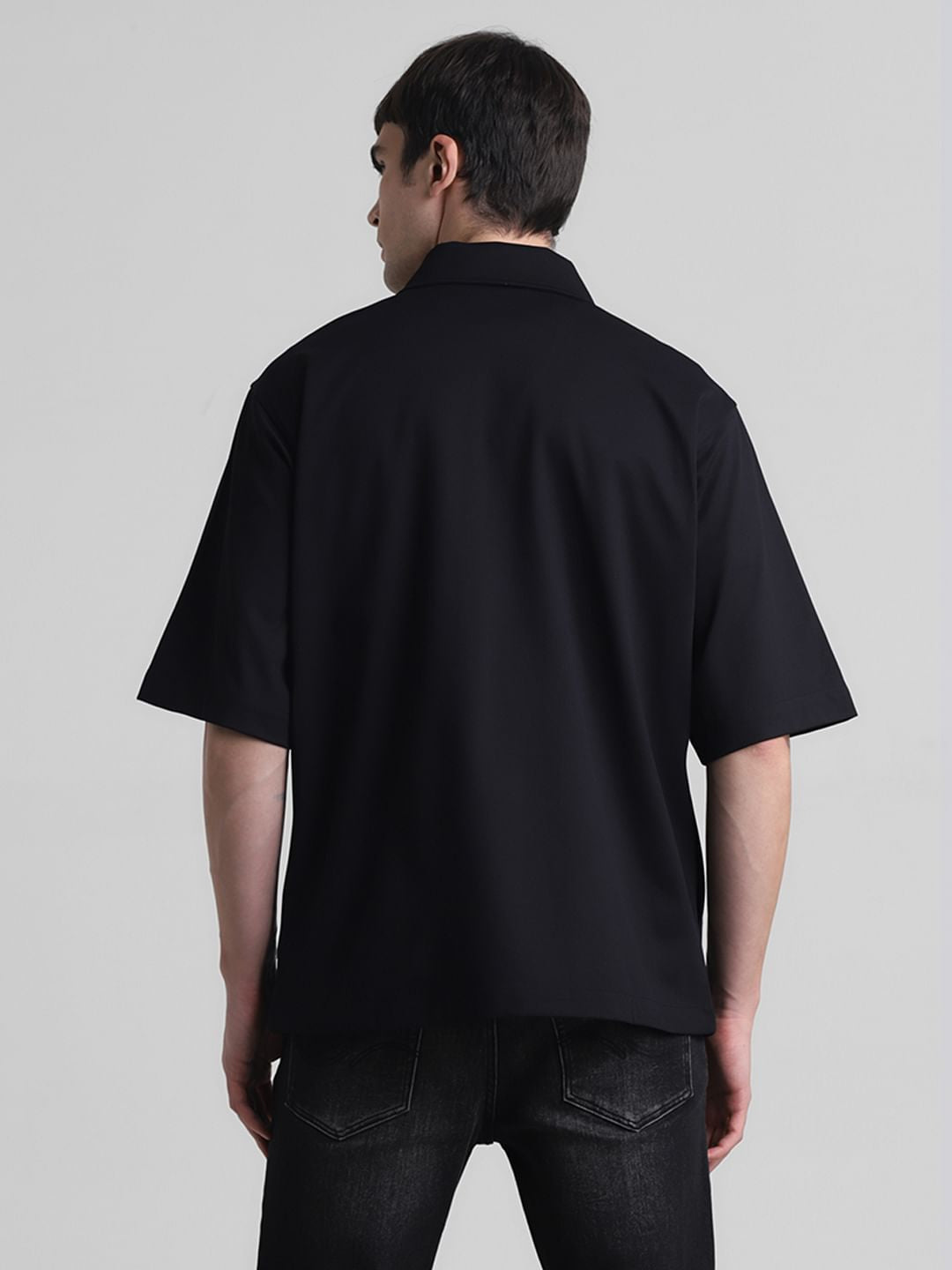 Black Zip-Up Oversized Short Sleeves Shirt