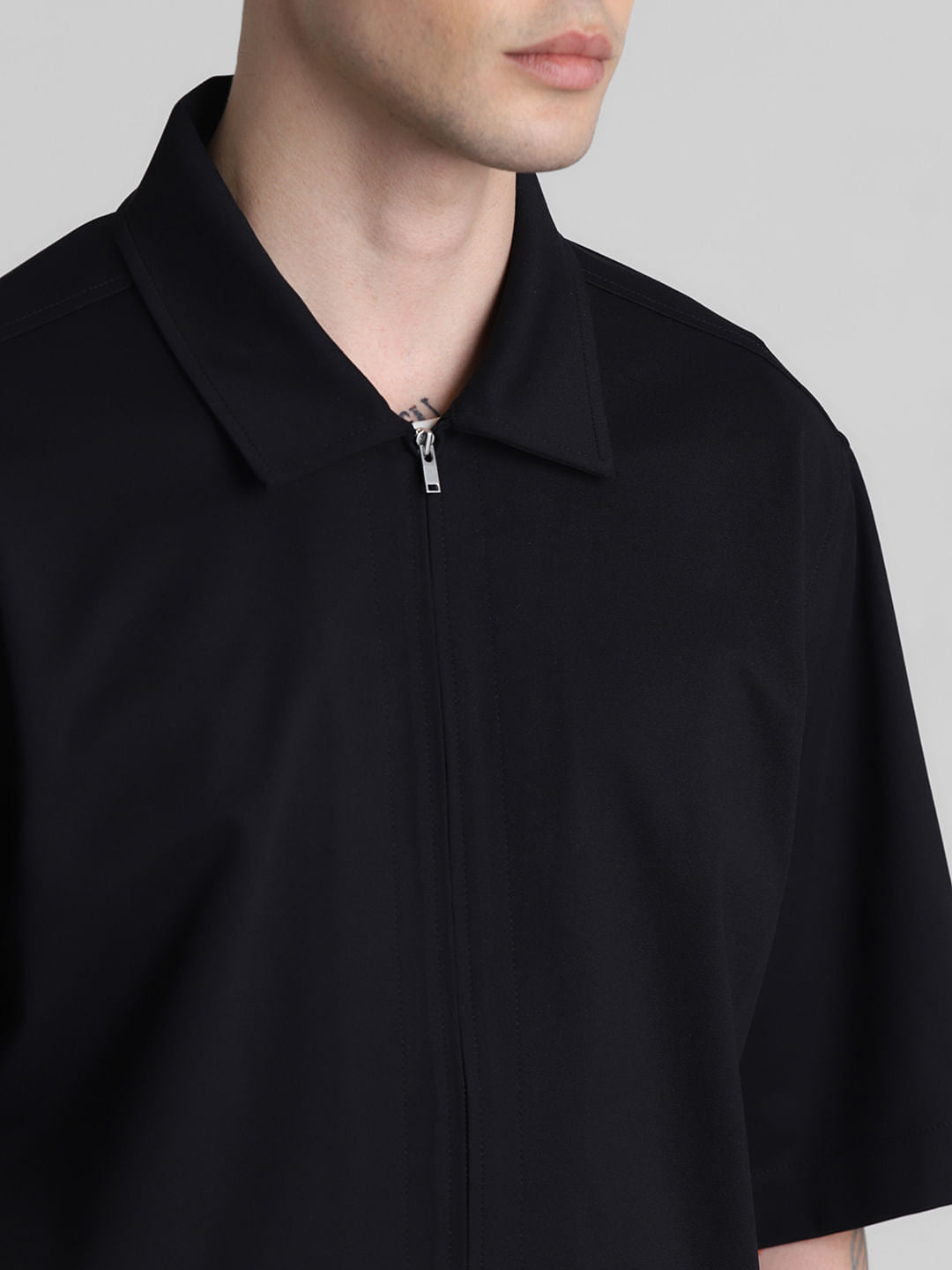 Black Zip-Up Oversized Short Sleeves Shirt