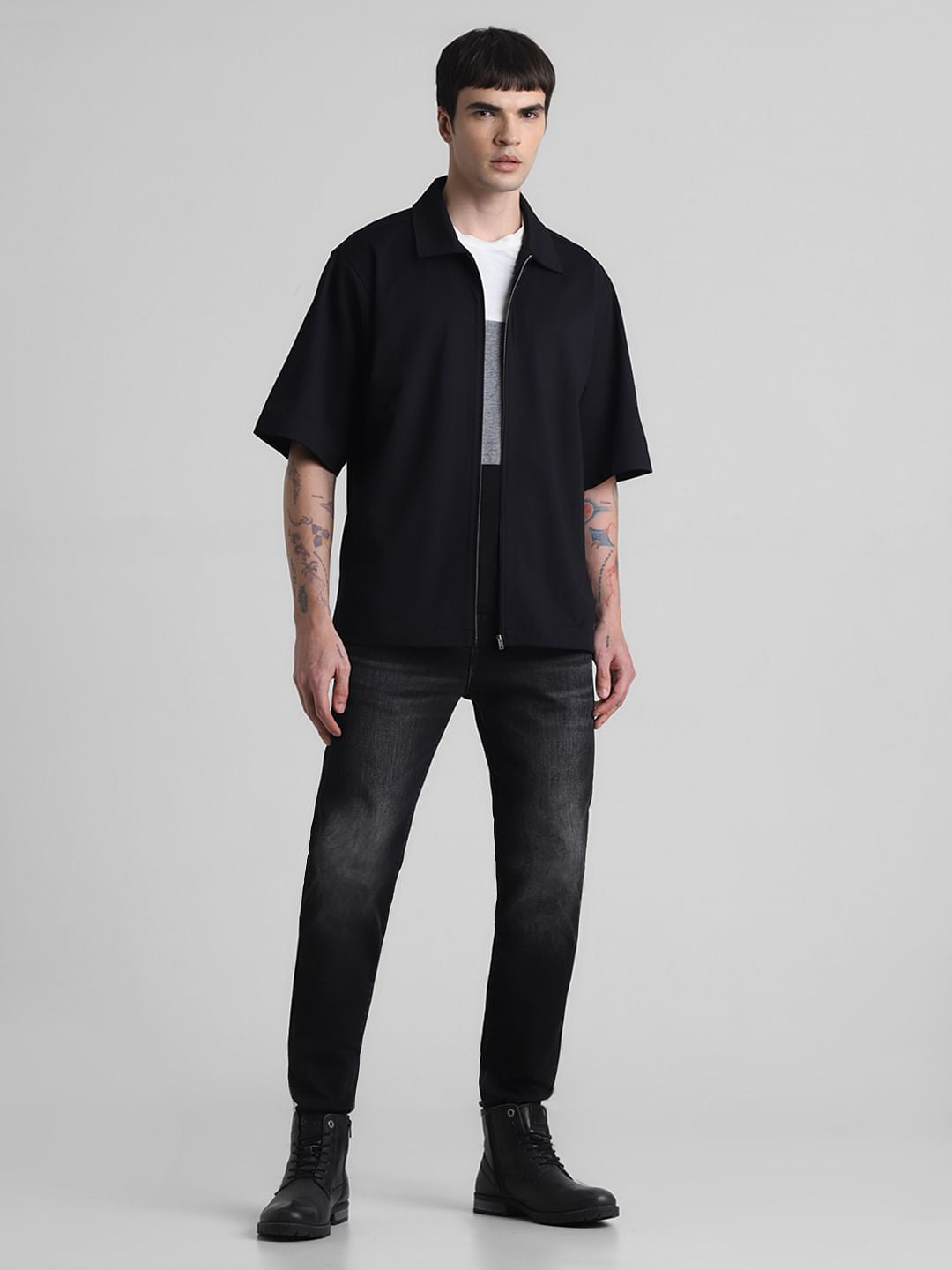 Black Zip-Up Oversized Short Sleeves Shirt