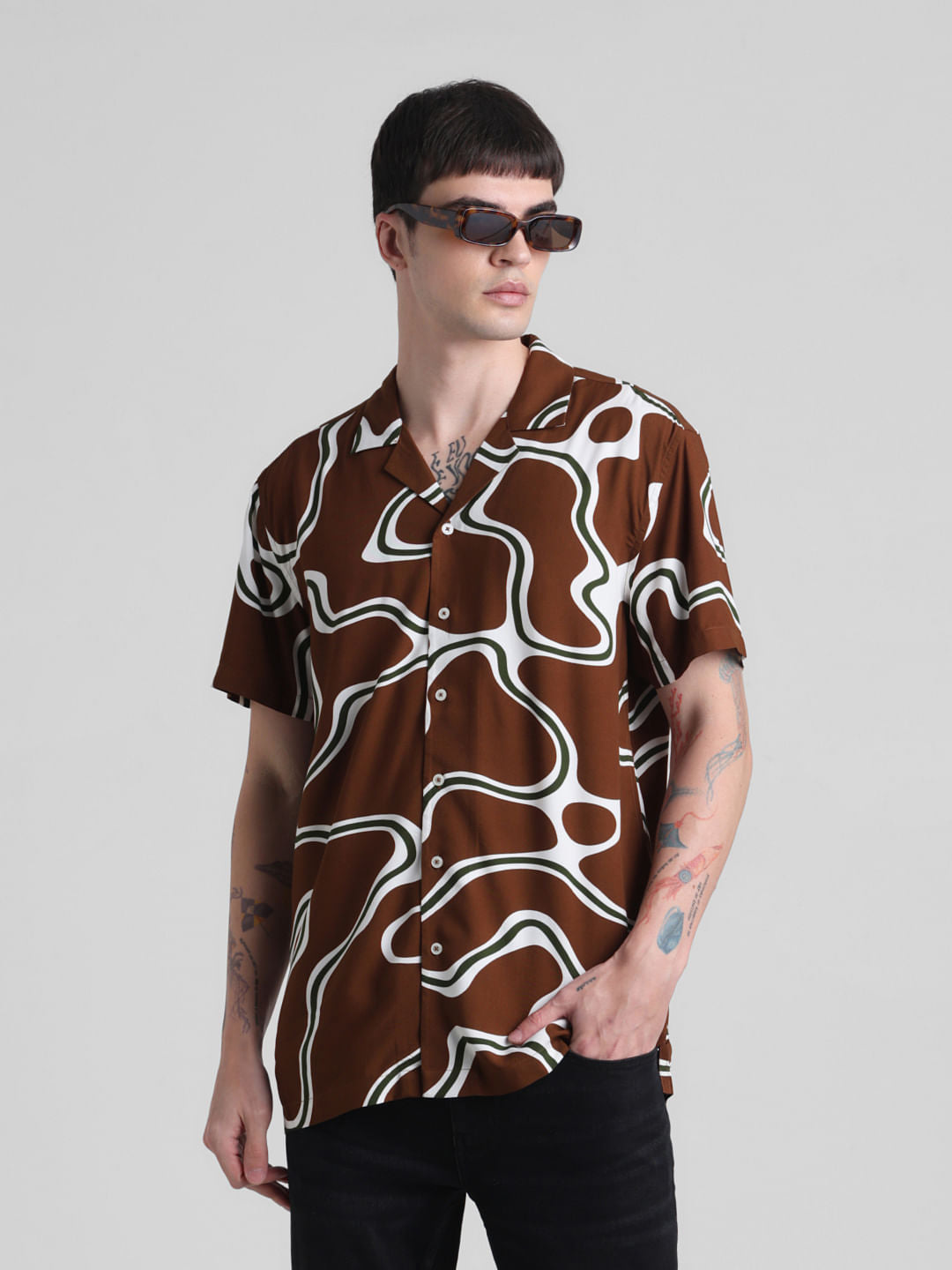 Brown Printed Short Sleeves Shirt