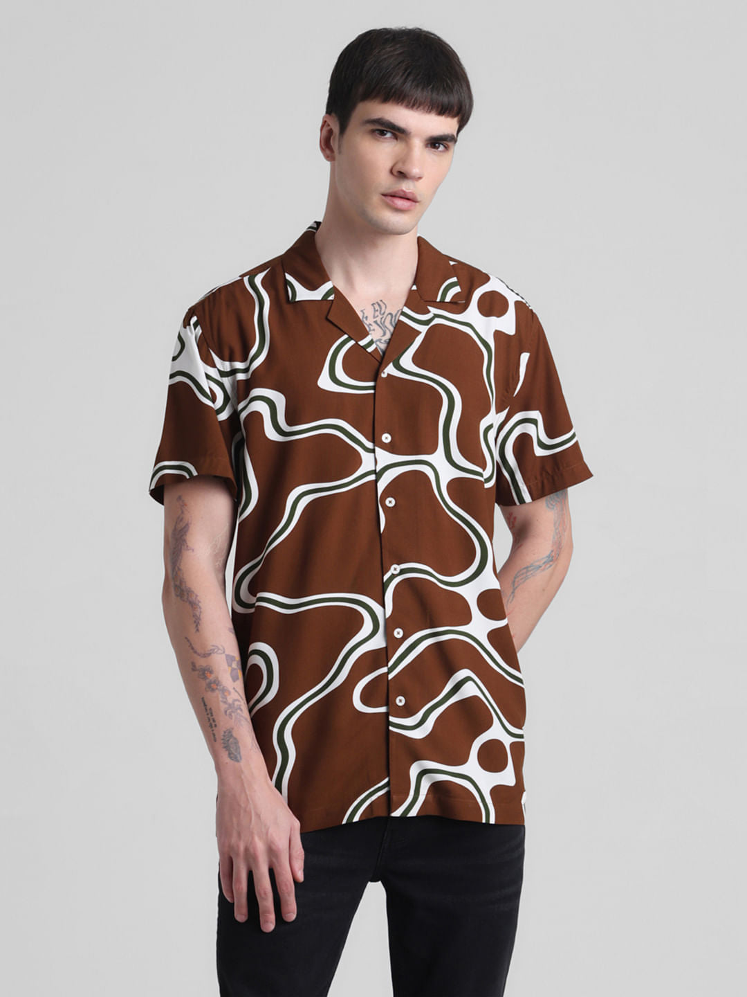 Brown Printed Short Sleeves Shirt