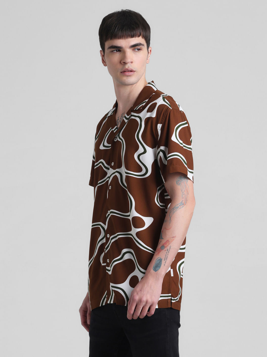 Brown Printed Short Sleeves Shirt