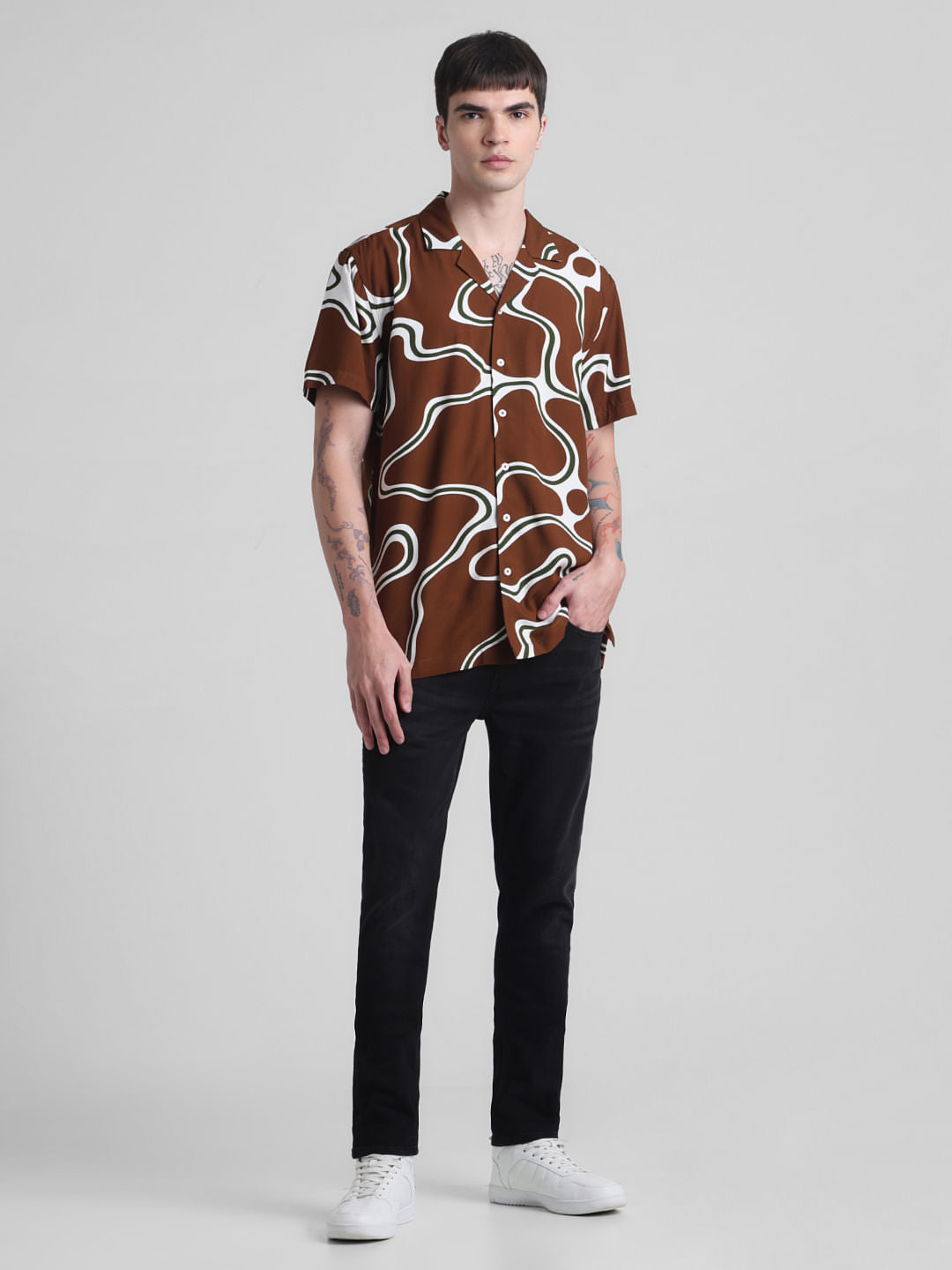 Brown Printed Short Sleeves Shirt