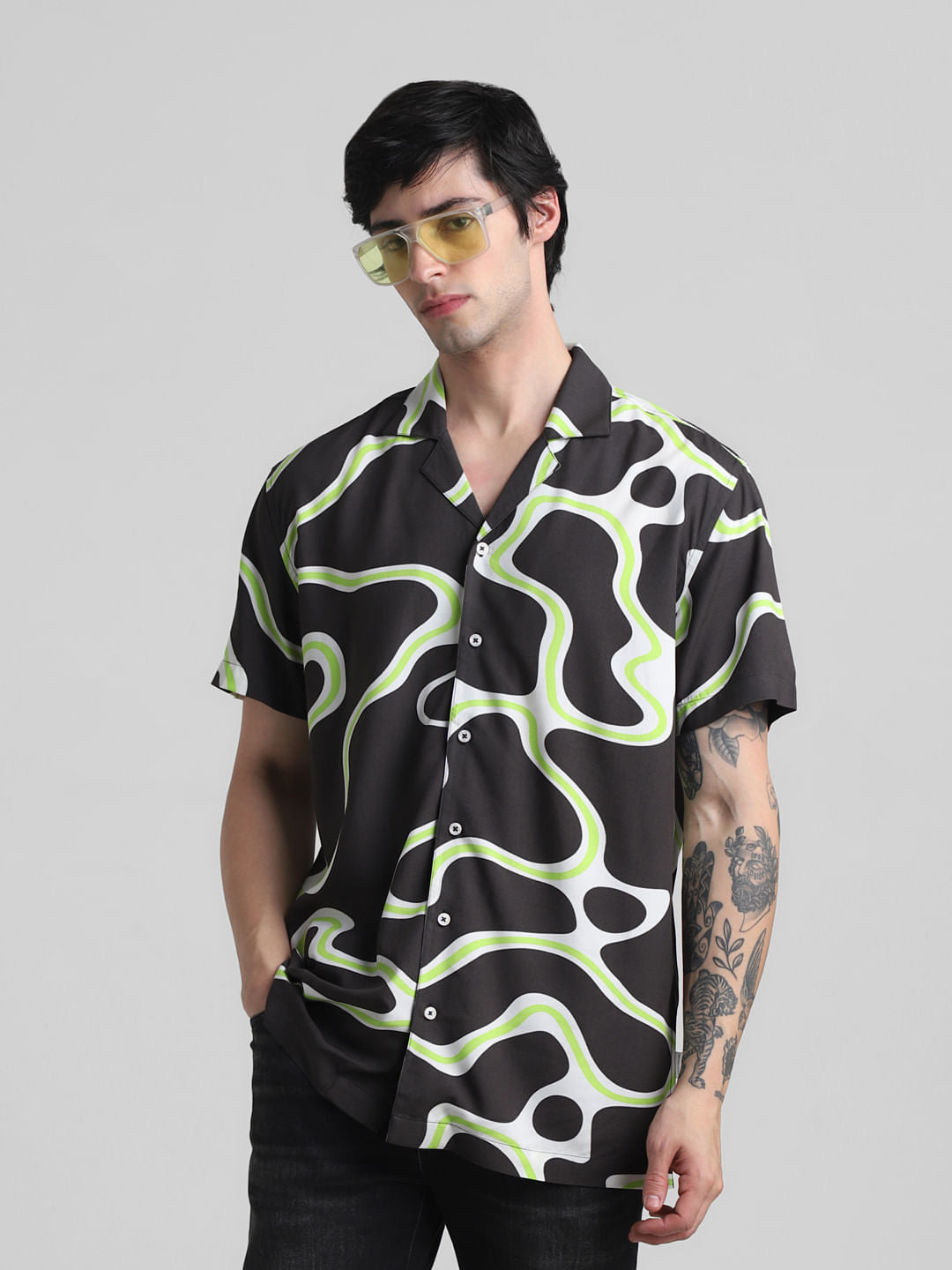Dark Grey Printed Short Sleeves Shirt - S