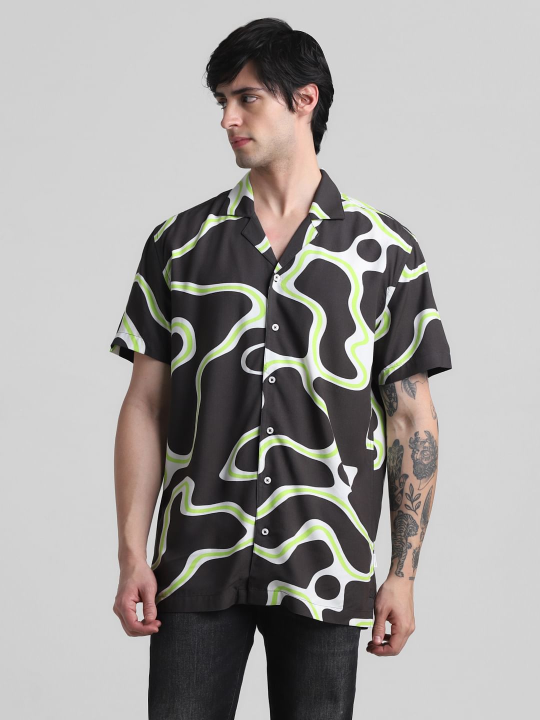 Dark Grey Printed Short Sleeves Shirt