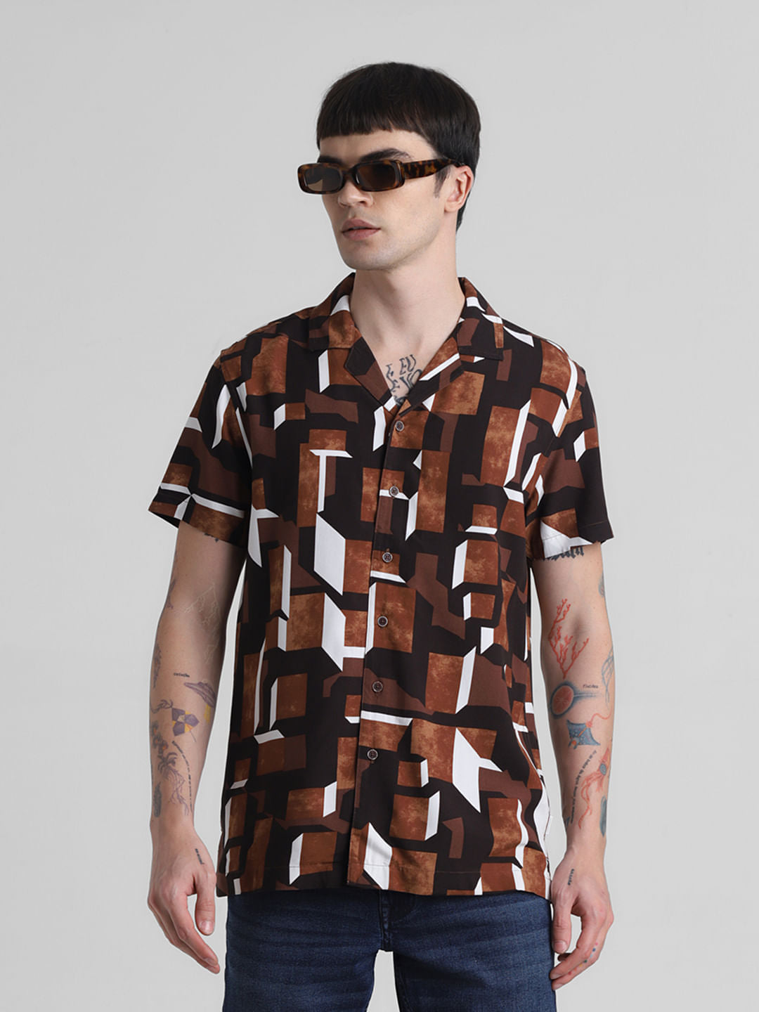 Brown Printed Short Sleeves Shirt - S