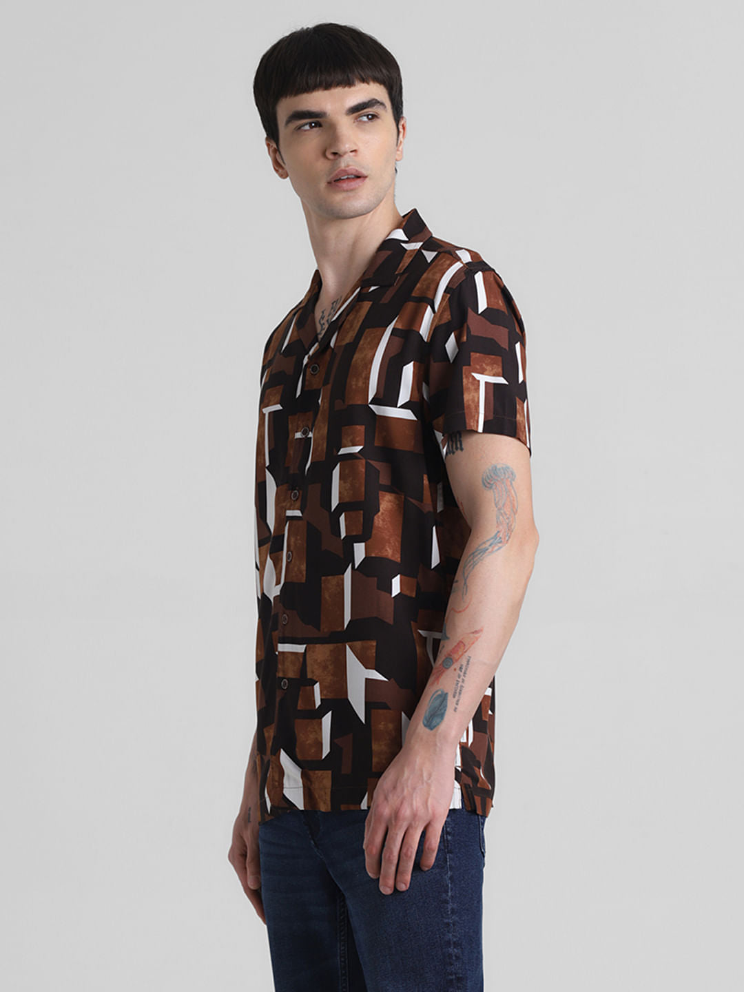 Brown Printed Short Sleeves Shirt