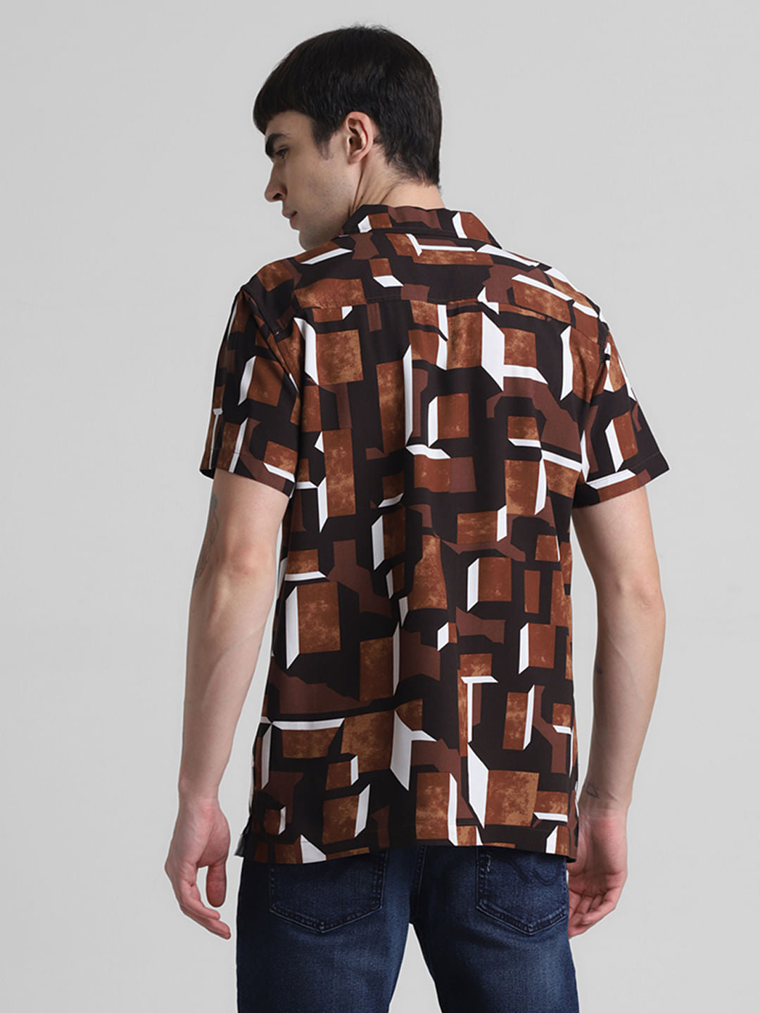 Brown Printed Short Sleeves Shirt