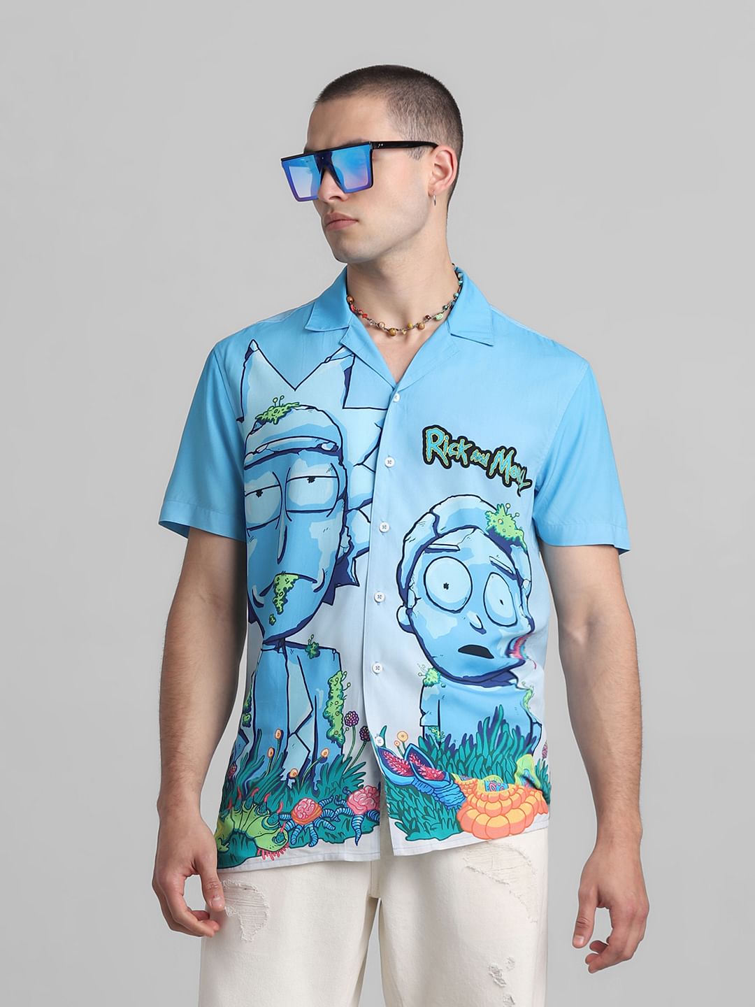 RICK & MORTY Blue Printed Short Sleeves Shirt - M