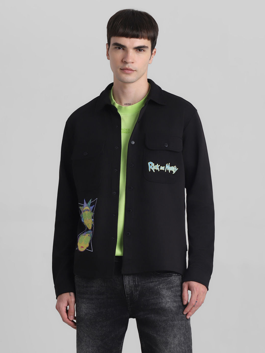 RICK & MORTY Black Printed Knitted Shirt