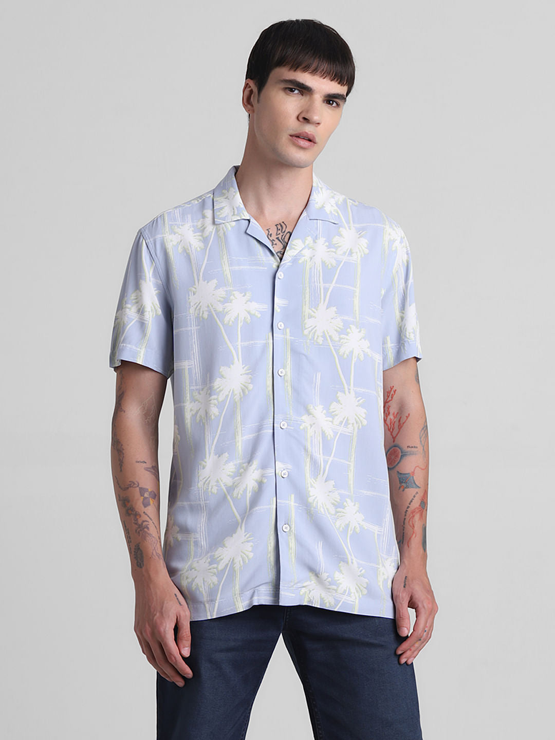 Blue Printed Short Sleeves Shirt