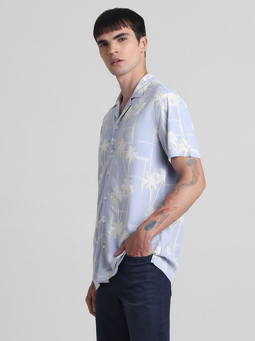 Blue Printed Short Sleeves Shirt