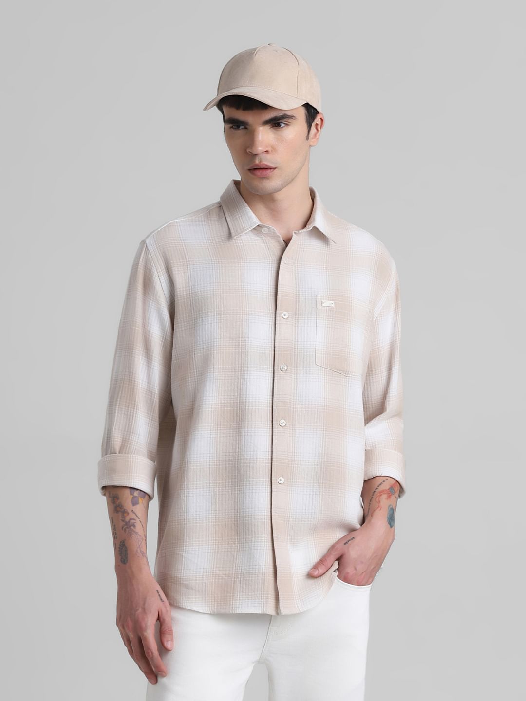 Brown Cotton Check Oversized Shirt - S