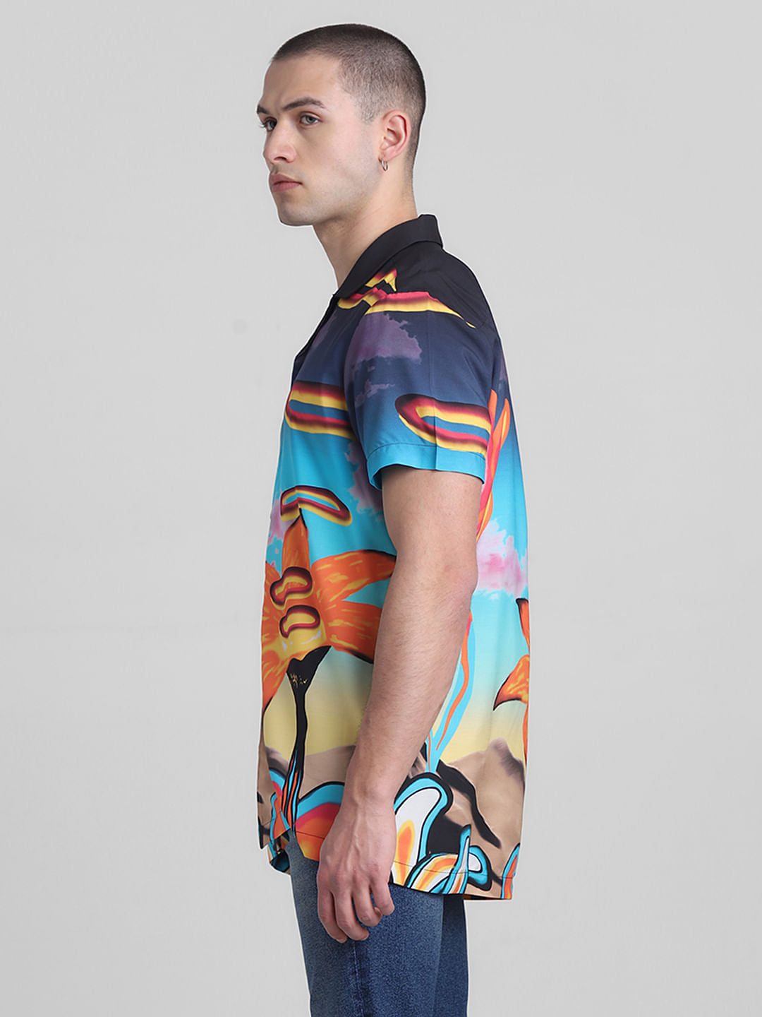 Blue Printed Short Sleeves Shirt