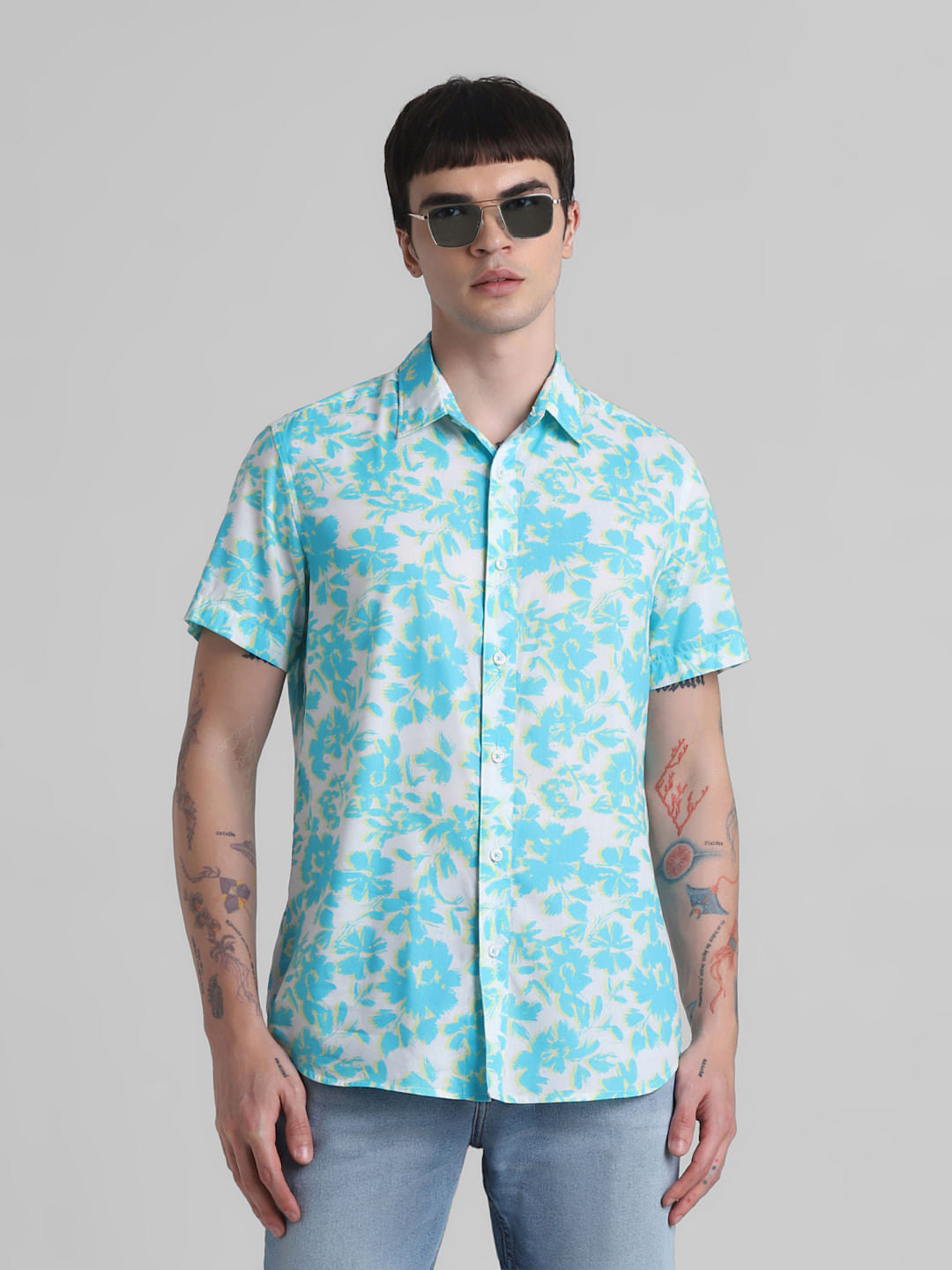 Blue Floral Short Sleeves Shirt - S