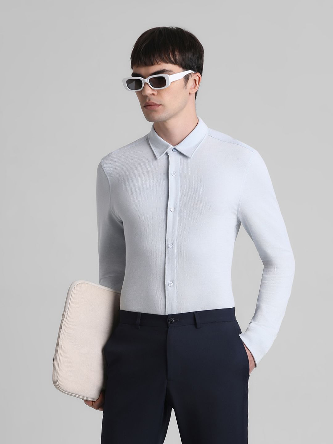 Blue Knit Full Sleeves Shirt - L