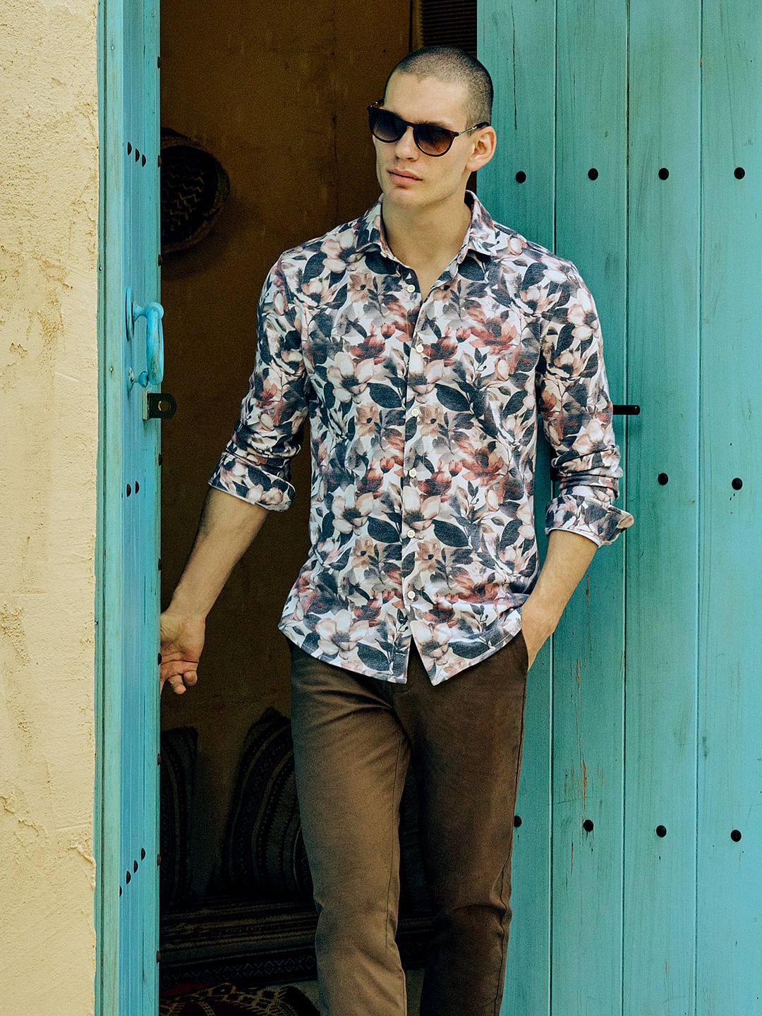 Grey Floral Full Sleeves Shirt - M