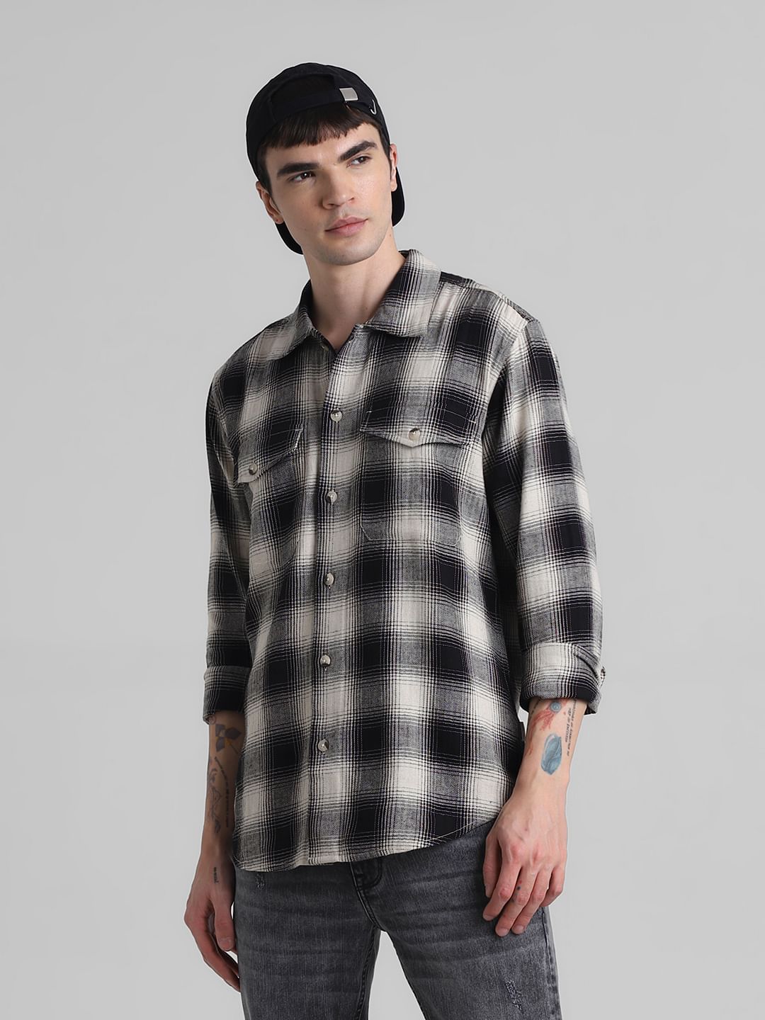 Black Check Oversized Full Sleeves Shirt - S