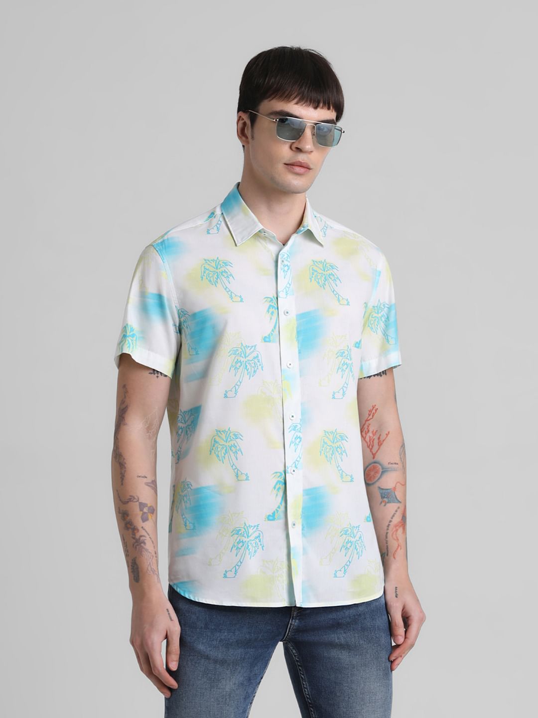 White Tropical Print Short Sleeves Shirt