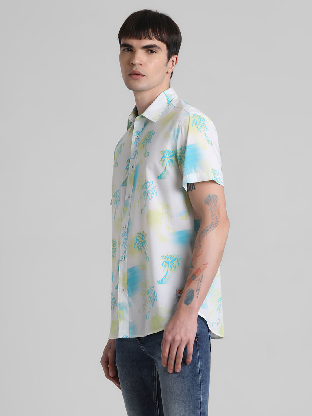 White Tropical Print Short Sleeves Shirt