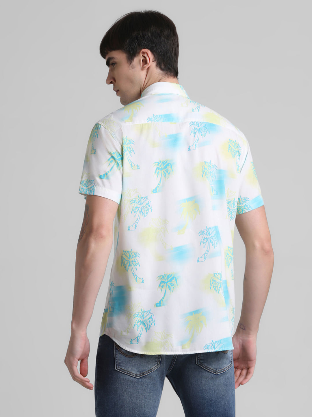 White Tropical Print Short Sleeves Shirt