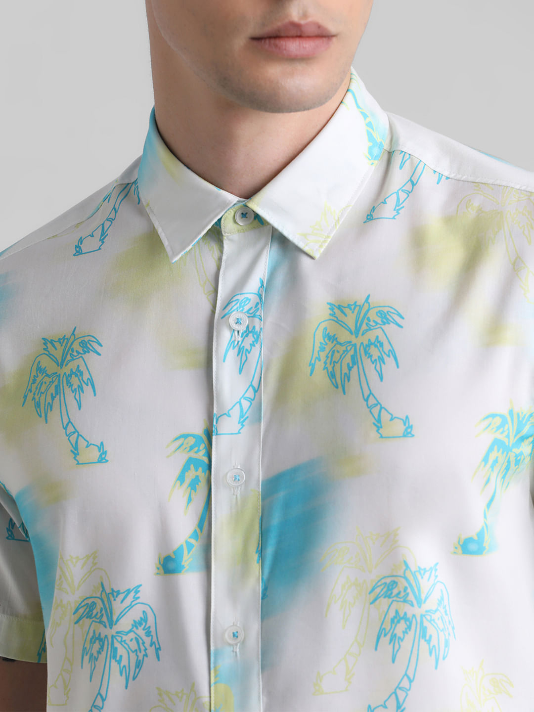 White Tropical Print Short Sleeves Shirt