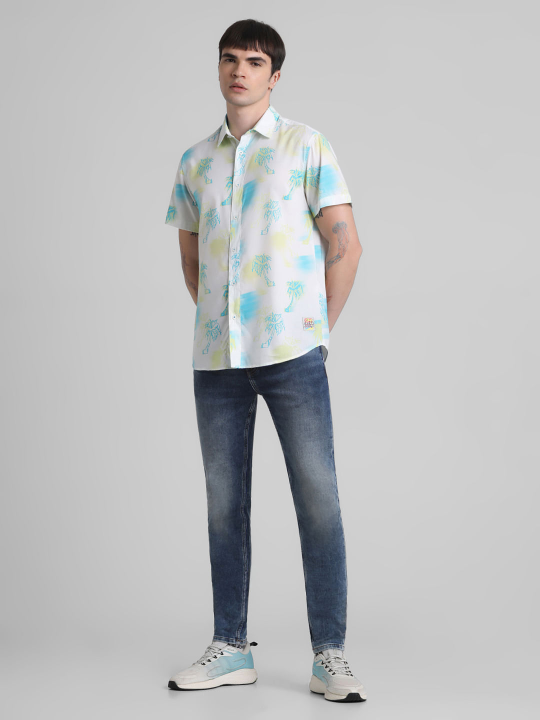White Tropical Print Short Sleeves Shirt