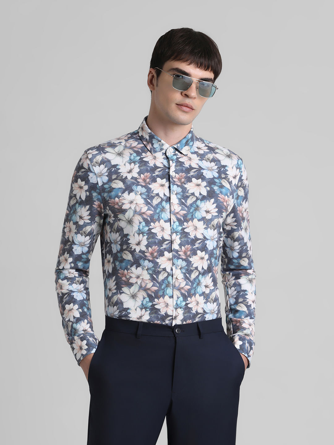 Grey Floral Full Sleeves Shirt - M