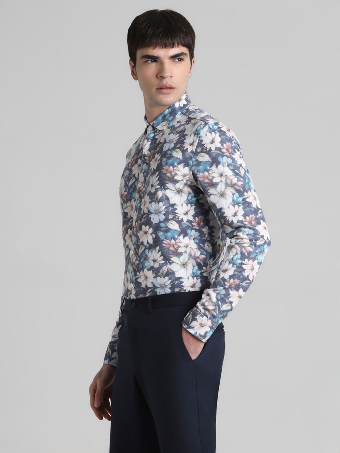 Grey Floral Full Sleeves Shirt