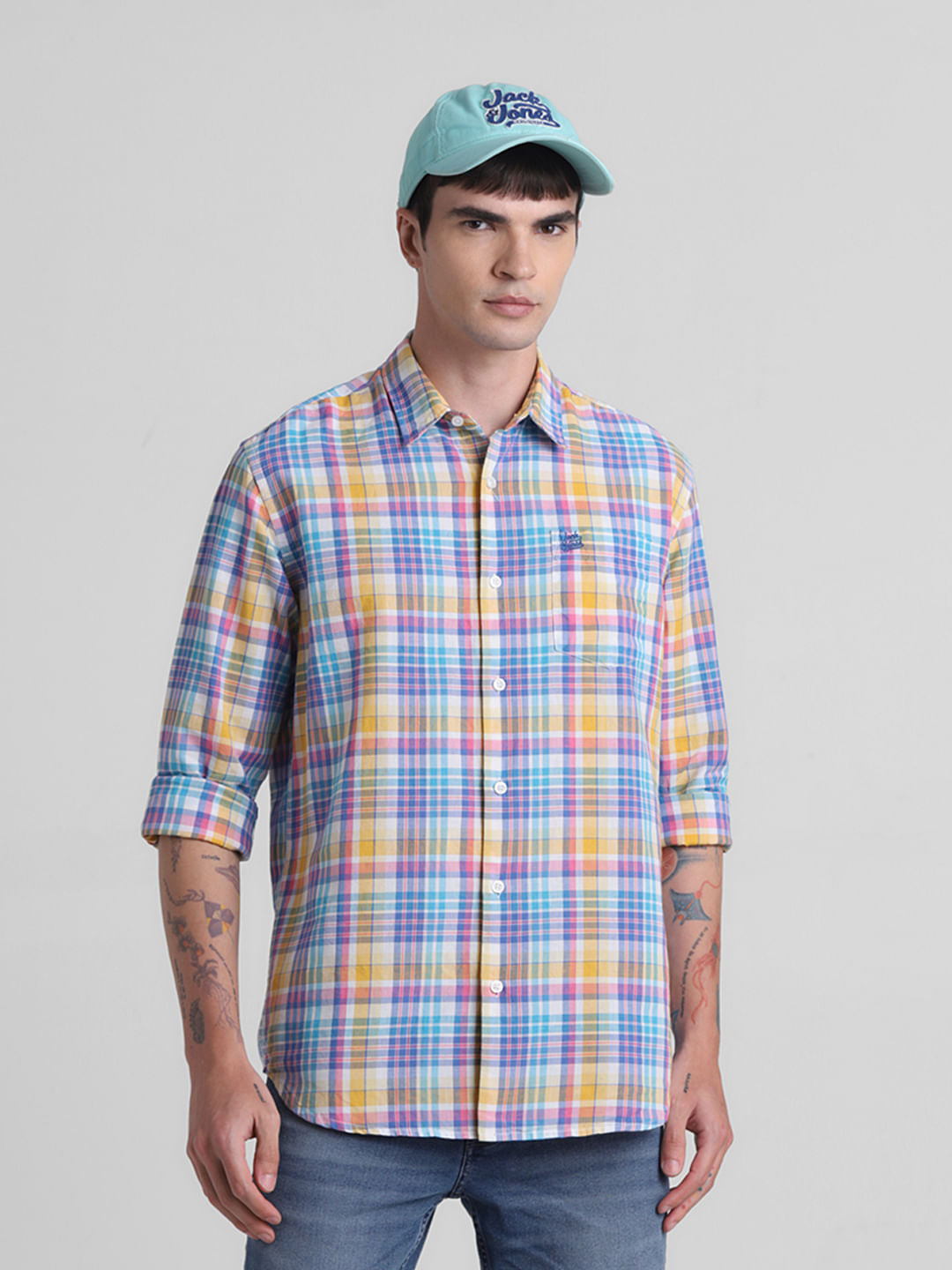 Blue Check Print Full Sleeves Shirt - L