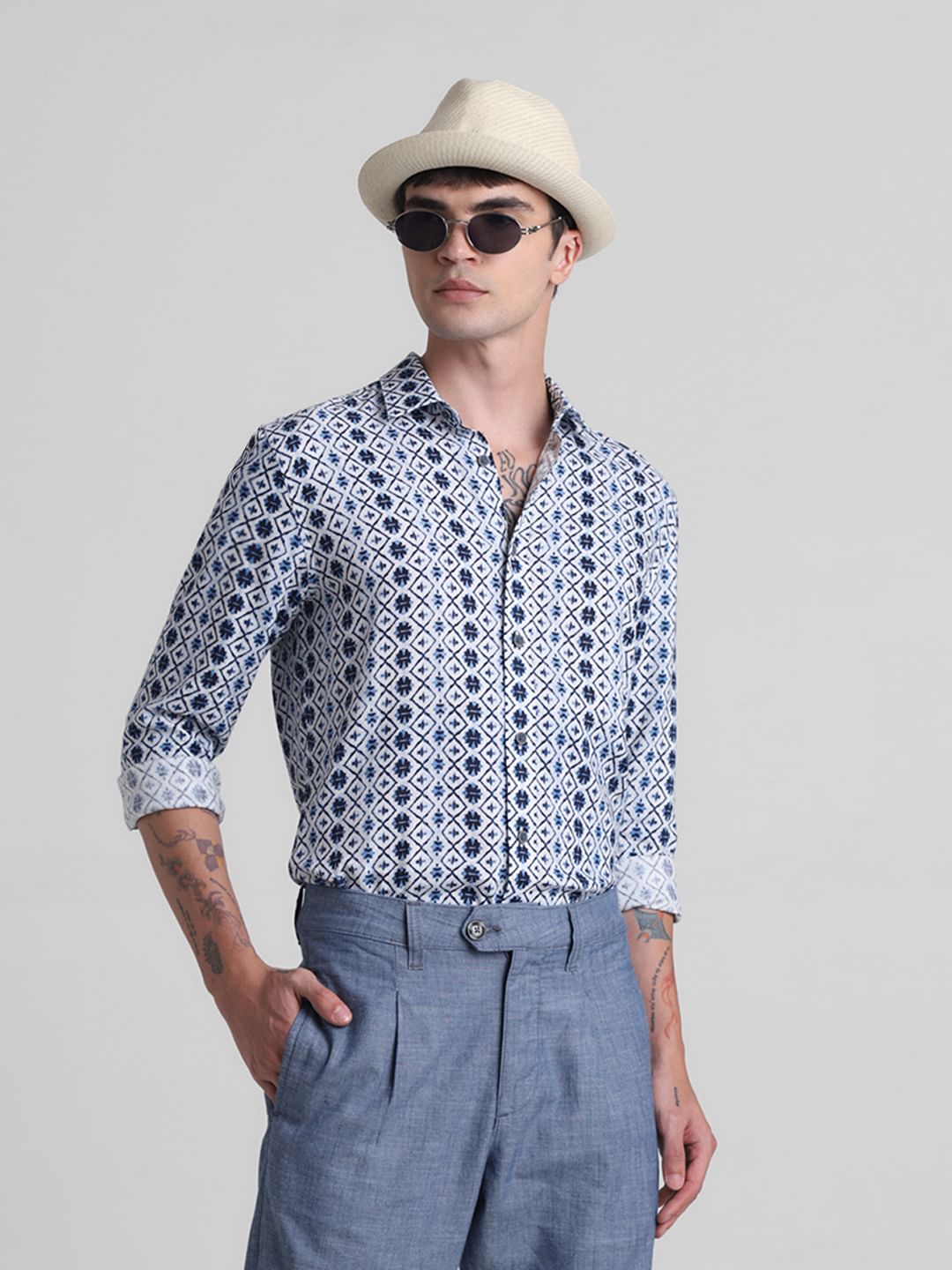 Blue Printed Full Sleeves Shirt - S